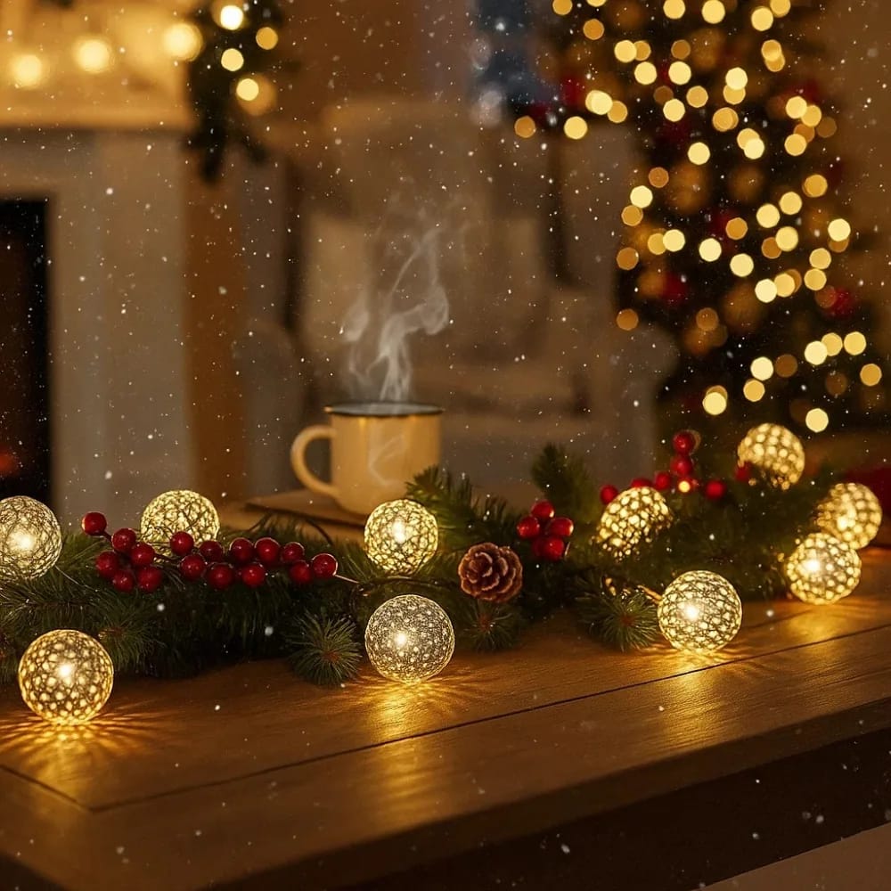 Світлодіодна гірлянда на батарейках Oecolux LED Tischdekoration Antik-Kugel срібні кульки, тепле біле світло