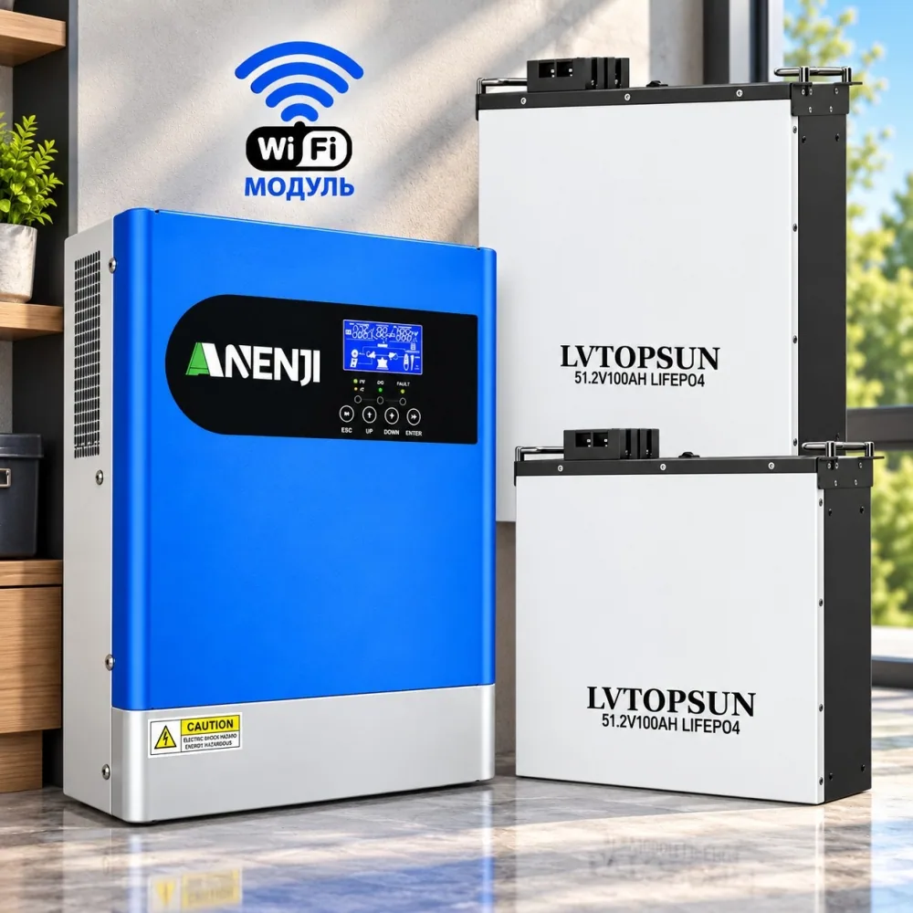 6.2 кВт LiFePO4 Комплект інвертор Anenji з Wi-Fi з паралельною функцією + 2 акумулятори LVTOPSUN 51.2V 100Ah, BMS, настінний