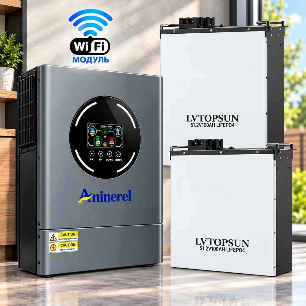11 кВт LiFePO4 Комплект інвертор Aninerel, Wi-Fi Produced by Anenji + 2 акумулятори LVTOPSUN 51.2V 100Ah, BMS, настінний