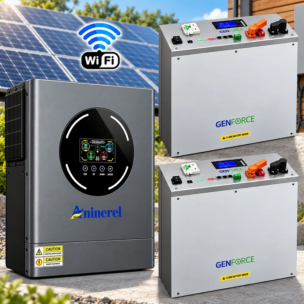 11 кВт LiFePO4 Комплект інвертор Aninerel, Wi-Fi Produced by Anenji + 2 акумулятори GENFORCE 51.2V 100Ah, Smart BMS, настінний