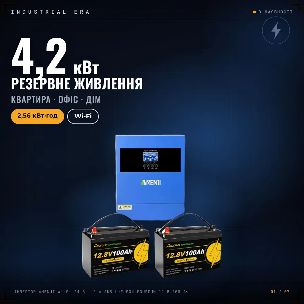 4.2 кВт LiFePO4 Комплект резервного живлення Інвертор Anenji WiFi 24 В + 2 акумулятора 12V 100Ah Foursun
